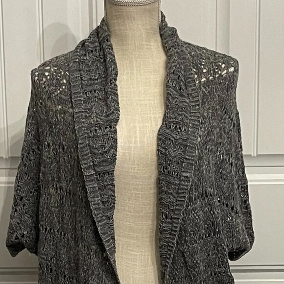 True Craft Long Crochet Open Front Duster Sweater in gray; Small - Picture 9 of 14